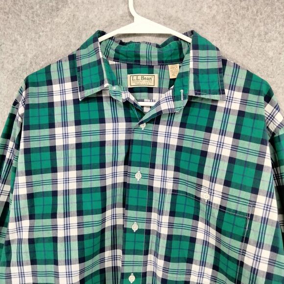 L.L. Bean Mens Size Large Green Blue Plaid Cotton Button Down Casual Shirt - Picture 2 of 10